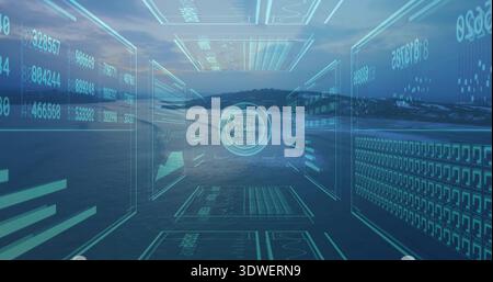 Projecting holographic panels forming tunnel over calm sea at dawn, numeric readouts pulsing Stock Photo
