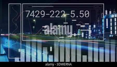 Displaying data overlay on night roadway, showing vehicle light trails and boxed numeric readout Stock Photo