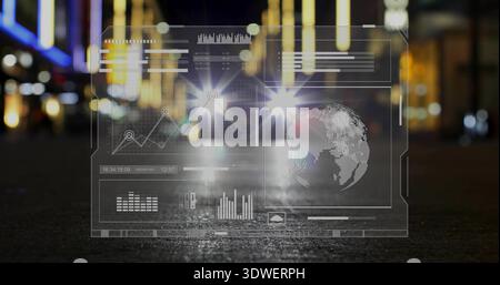 Projecting semi-transparent holographic HUD hovering above asphalt at night, with globe and charts Stock Photo