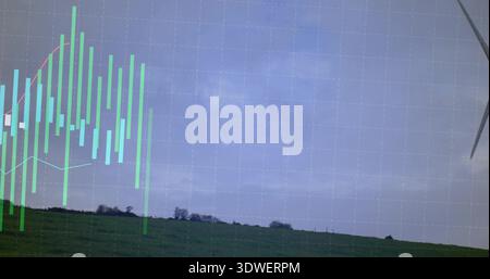 Showing pasture with tree line on rural hill, displaying turbine blade, faint grid and green chart Stock Photo