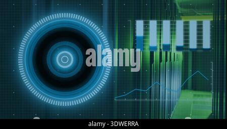Displaying large circular HUD left in server room, with bar-chart and line-graph, copy space Stock Photo