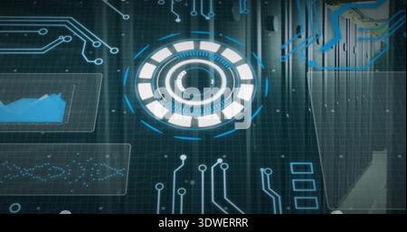 Rotating central circular HUD element casting clear data panels over server room, with server racks Stock Photo