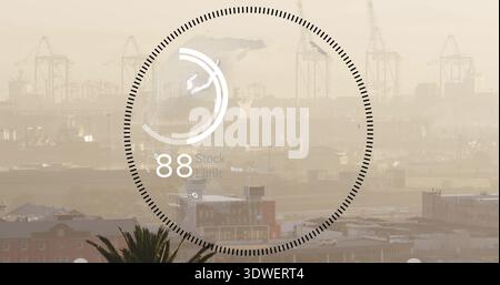 Displaying HUD overlaying sepia-toned waterfront skyline, with gantry cranes and palm canopy Stock Photo