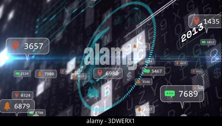 Showing central globe rotating over HUD, with map pins, alert bubbles and node connectors Stock Photo