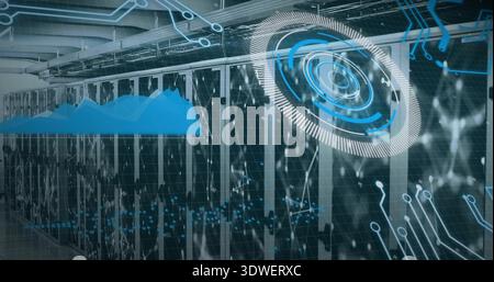 Displaying central server racks glowing with LED lights in data center, with area chart HUD Stock Photo