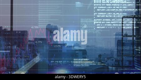 Displaying composite city skyline and data visualization through office glass, with red blue charts Stock Photo