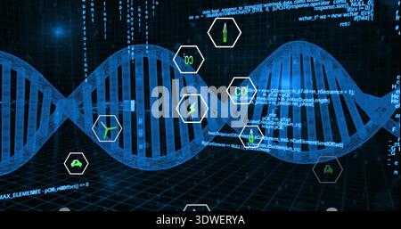 Pulsating blue double helix stretching across virtual lab, with hex icons, code text, grid Stock Photo