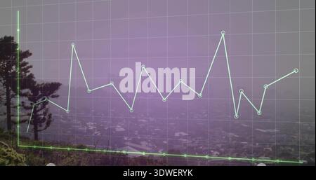 Displaying faint grid and jagged line graph with markers over hillside overlook, with glowing axes Stock Photo