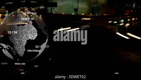 Displaying 3D globe overlaying left of night roadway, showing readouts and light trails, copy space Stock Photo