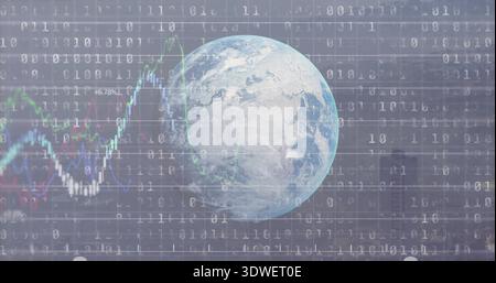 Displaying globe floating on blue backdrop, with binary code, line graphs, percent labels, skyline Stock Photo