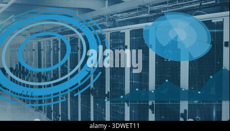 Displaying server racks with vented doors and LED indicators lining data center aisle, HUD overlays Stock Photo