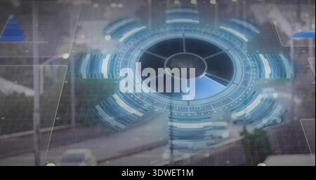 Projecting radial HUD overlaying elevated urban roadway, showing concentric rings and data bars Stock Photo