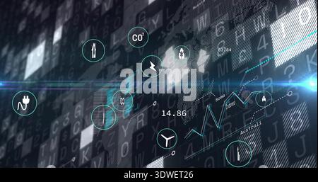 Displaying data HUD on virtual dashboard, showing teal icons, world map, line graph 14 Stock Photo