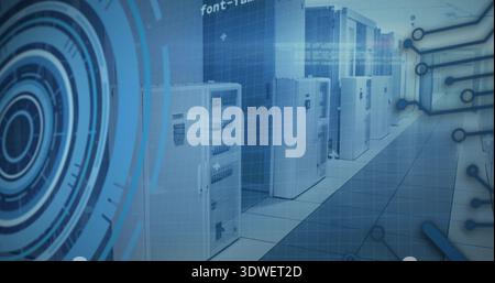 Showing row of white server cabinets receding down data center aisle, with holographic HUD overlays Stock Photo