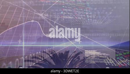Blending finance overlay sweeping over coastal skyline at dusk, with line graphs, binary, palms Stock Photo