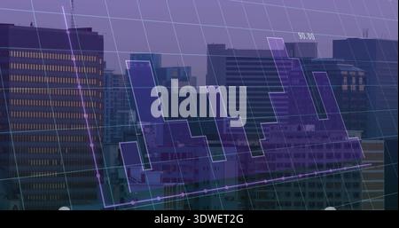 Overlaying purple financial chart across city skyline at dusk, showing bar-line graph, 90 Stock Photo
