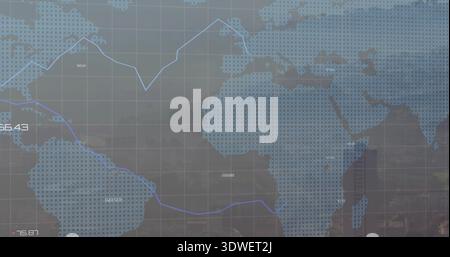 Displaying translucent dotted world map tracing blue trend line on digital display, numeric labels Stock Photo