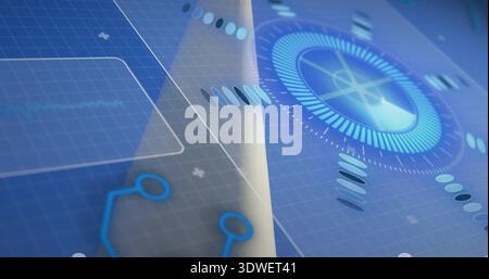 Displaying HUD graphic centered on blue grid plane, showing radar dial, thin panels, oval markers Stock Photo