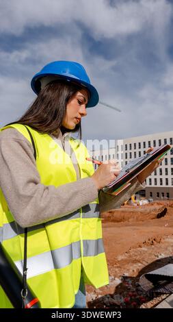 A technical engineer wearing a blue hard hat and safety vest is focused on her work at a construction site, making notes on a clipboard with a backgro Stock Photo