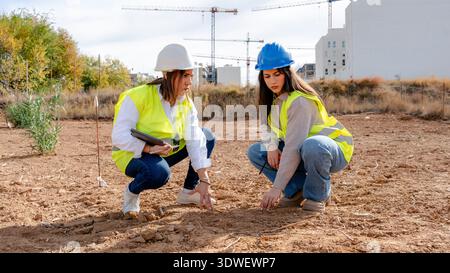 Architect and technical engineer discussing plans at a construction site, both wearing safety gear. They are focused on ensuring project accuracy and Stock Photo