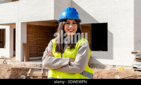 A technical engineer stands confidently on a construction site, wearing a hardhat and safety vest, overseeing the building process and ensuring projec Stock Photo
