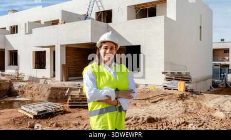 Female architect wearing a hard hat and safety vest, standing confidently on a construction site with an under construction building in the background Stock Photo