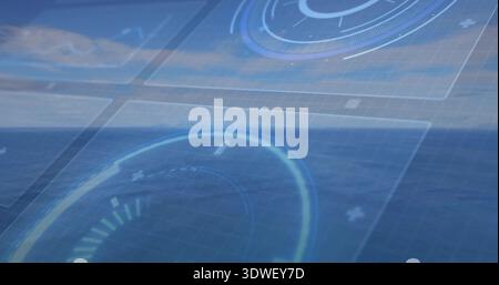 Displaying ocean surface with digital HUD overlay over open sea at horizon, circular gauges Stock Photo