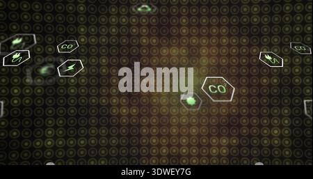 Animating centered dot-matrix grid displaying glowing green hex icons on LED panel, energy symbols Stock Photo