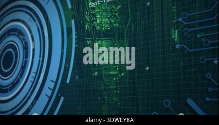 Displaying green server column with cables, racks, glowing LEDs, HUD rings and grid in virtual HUD Stock Photo