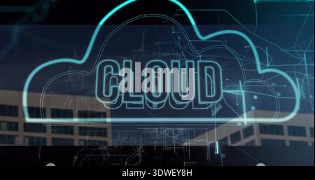 Glowing cyan cloud graphic hovering over office facade, with 'CLOUD' neon text and HUD overlays Stock Photo