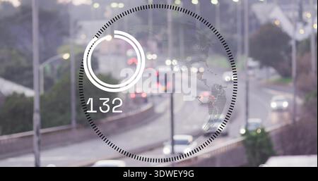 Displaying transparent circular HUD centering on curved road from overpass, showing Peru map 132 Stock Photo