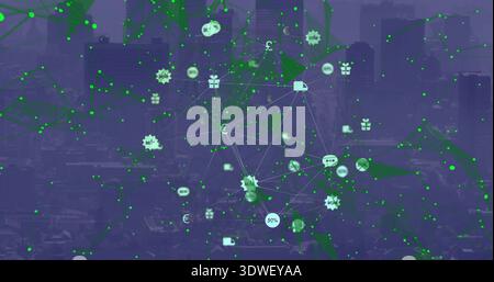 Showing centered data network over hazy skyline, displaying green nodes, lines, euro, truck icons Stock Photo