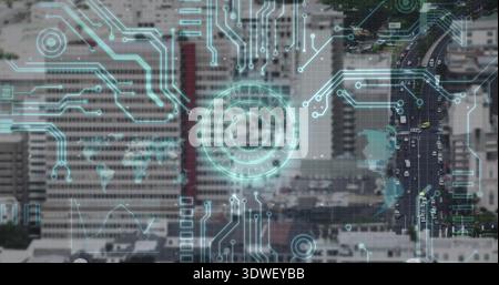 Displaying AR overlaying aerial city center, showing central HUD, cyan circuits, rooftops, traffic Stock Photo