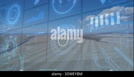 Displaying runway with blue HUD overlaying airfield tarmac, showing circular reticles Stock Photo