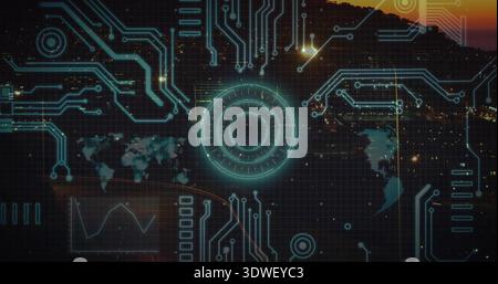 Displaying central glowing circular HUD overlaying dusk city skyline, with neon teal circuits Stock Photo