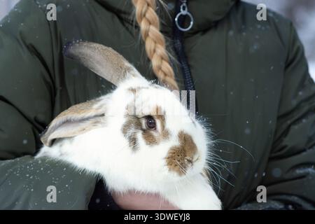 A woman in a green winter coat holds a rabbit, its fur speckled with snowflakes. The serene winter setting highlights the warmth and charm of this gen Stock Photo