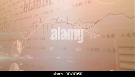 Displaying translucent market chart on office glass, showing red trend line and numeric tickers Stock Photo