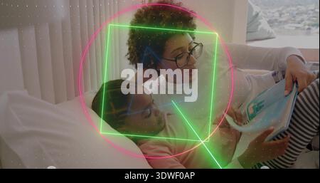Reading mom-daughter lying on bed by blinds, with specs, striped-leggings, blue book, neon overlays Stock Photo