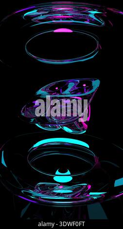 Shapes made of bright colors float in dark space. Lines and curves form an abstract design that draws the eye. This scene shows a digital art creation Stock Photo