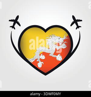 Bhutan Travel Heart Flag With Airplane Icons Stock Vector