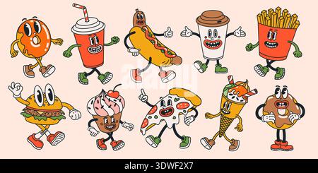 Groovy street food cartoon character set with retro burger, donut, fries, soda, pizza slice, hot dog and ice cream in playful vintage style. Great for Stock Vector