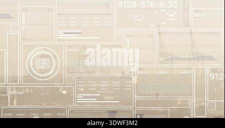 Displaying translucent data panels monitoring harbor, showing circular gauge, numeric matrices Stock Photo