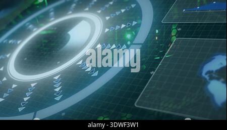 Displaying large circular HUD panel projecting rings and central disk on dark teal grid, with globe Stock Photo