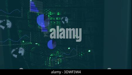 Showing server racks reflecting holograms, charts and globes at data center with green LEDs, cables Stock Photo