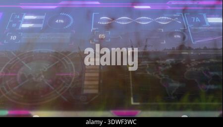 Displaying semi-transparent HUD overlaying rural grassy foreground with radar, DNA waveform, map Stock Photo