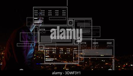 Standing woman wearing jacket on roof by city lights holding phone viewing GUI overlays, copy space Stock Photo