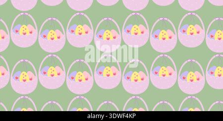 Egg shape Bucket with Multicolor Easter Eggs with hearts decor Seamless Pattern Banner Format Sample. Isolated Vector illustration Easter Greeting Thematic Card Backdrop Promo Banner, leaflets, labels Stock Vector