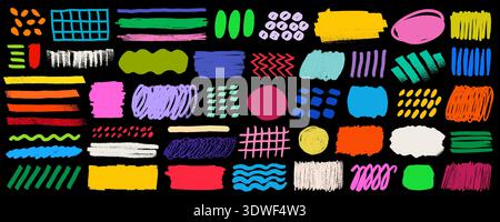 Crayon line highlight strokes in rough texture. Crayon highlight scribble box text underline set in bright neon red blue green yellow pink and purple Stock Vector