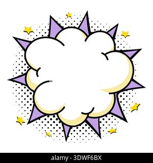 Comic cloud speech bubble with purple starburst spikes, black halftone dots and yellow stars in retro pop art vector style. Starburst shape for promo Stock Vector