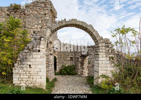 Stone ruins of medieval arch at UNESCO world heritage site of Berat Castle in Berat, Albania Stock Photo